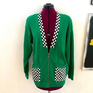 90s green and checkered zip sweater